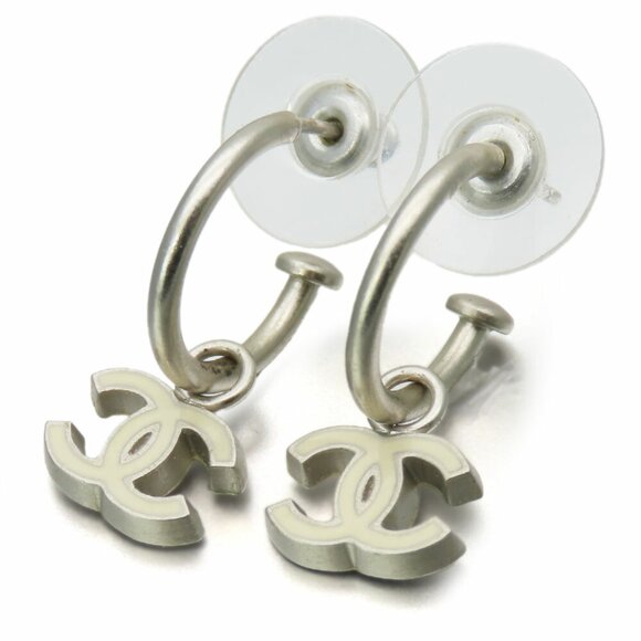 CHANEL Authentic White Logo Earrings